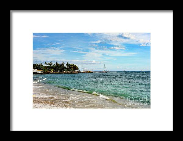 Maui Framed Print featuring the photograph Lahaina Yacht Harbor in the distance on the beach in front of the town of Lahaina, Maui, Hawaii. by Gunther Allen