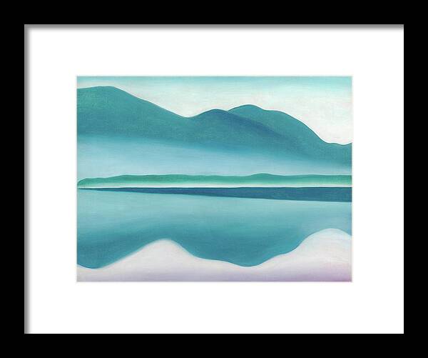 Georgia O'keeffe Framed Print featuring the painting Lake George, reflection seascape - modernist landscape painting by Moira Risen