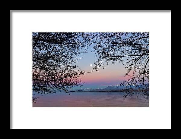 Mountain Framed Print featuring the photograph Lake Leman view by sunset, Excenevex, France by Elenarts - Elena Duvernay photo