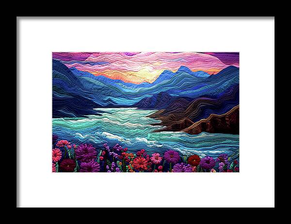 Landscapes Framed Print featuring the digital art Landscape at Sunset - Quilted Effect by Peggy Collins