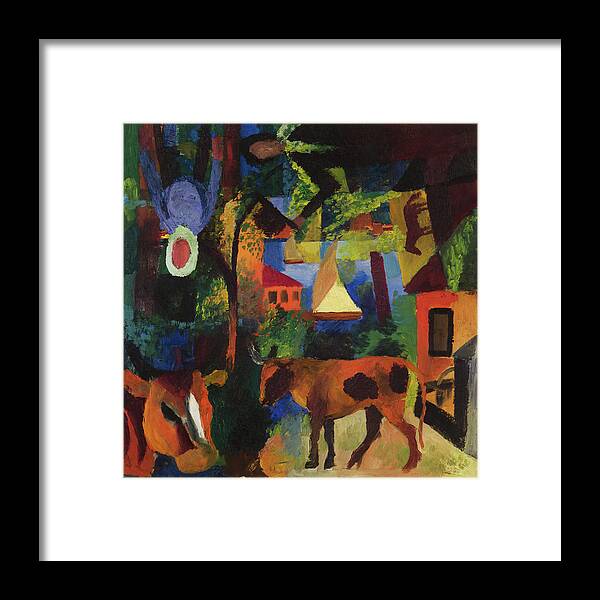 Abstract Framed Print featuring the painting Landscape with Cows, Sailboat, and Painted-in Figures by August Macke