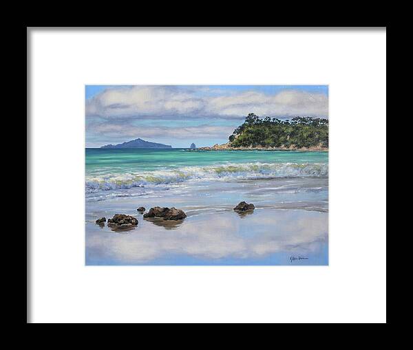 Lang's Beach Framed Print featuring the painting Lang's Beach, New Zealand by Kristen Olson Stone