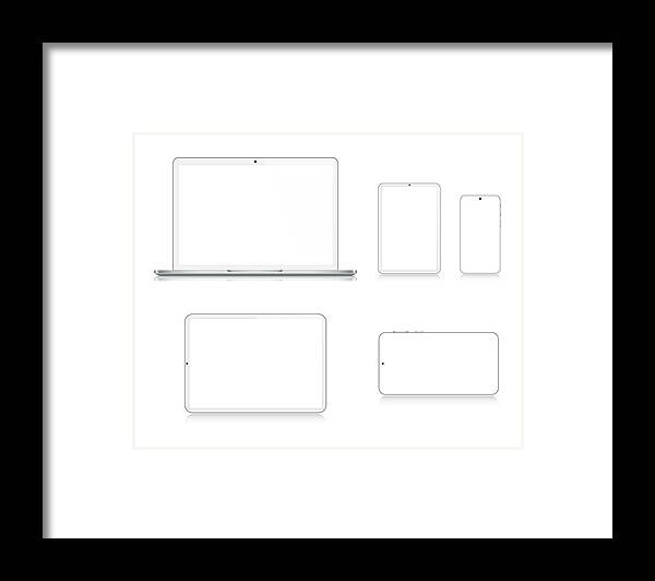 White Background Framed Print featuring the drawing Laptop, Tablet, Smartphone, Mobile Phone In Silver Color With Reflection, Realistic Vector Illustration by Yuliya