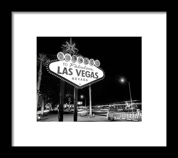 America Framed Print featuring the photograph Las Vegas Famous Welcome Sign in Black and White by Gregory Ballos