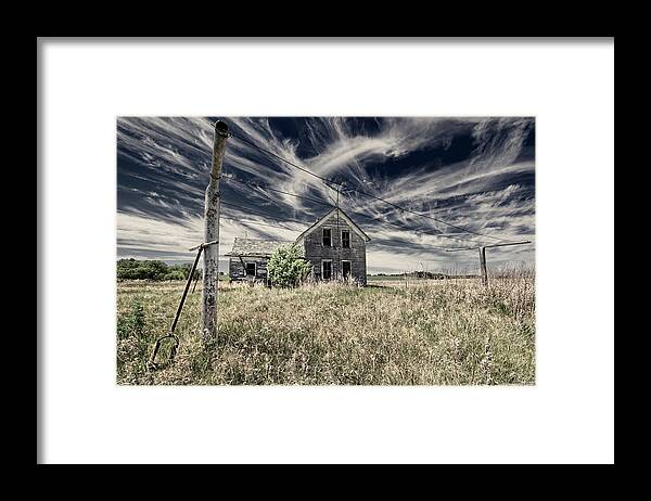 Nd Framed Print featuring the photograph Last Clothes Dried, Final Holes Dug - clothesline and posthole digger at Stensby homestead in ND by Peter Herman
