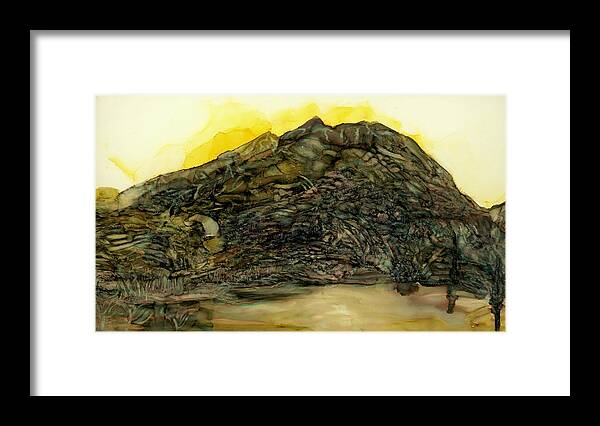 Mountain Framed Print featuring the painting Learning patience at the tarn by Angela Marinari