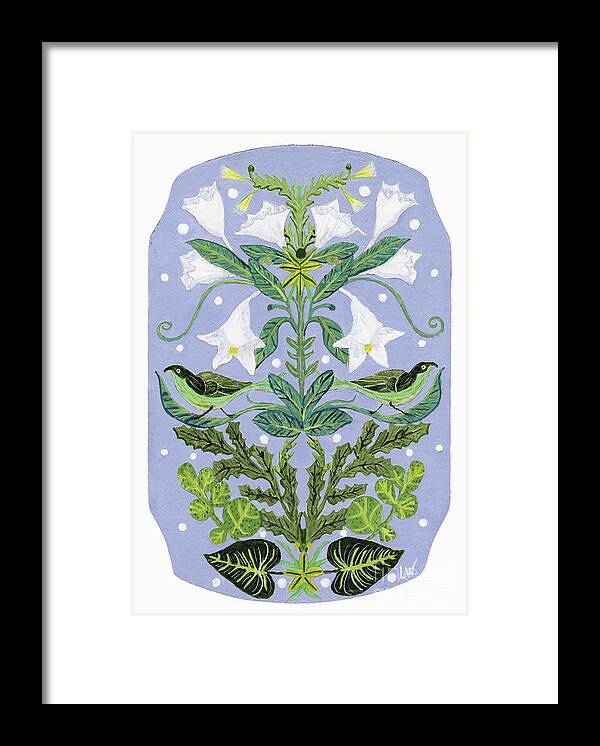 French Inspired Framed Print featuring the painting Leaves and Lilies with Birds, French Inspired Design by Lise Winne
