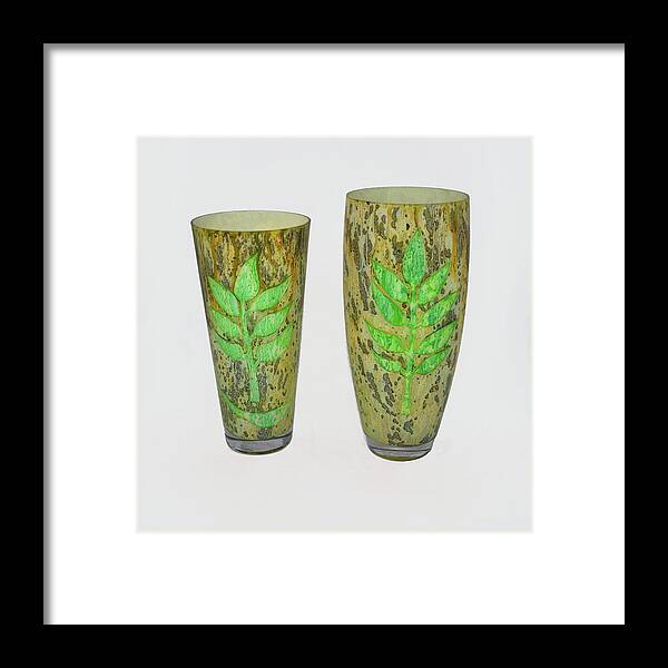 Green Framed Print featuring the glass art Leaves set of two by Christopher Schranck
