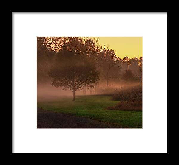 Fog Framed Print featuring the photograph Lehigh Parkway South Fog at Sunset by Jason Fink