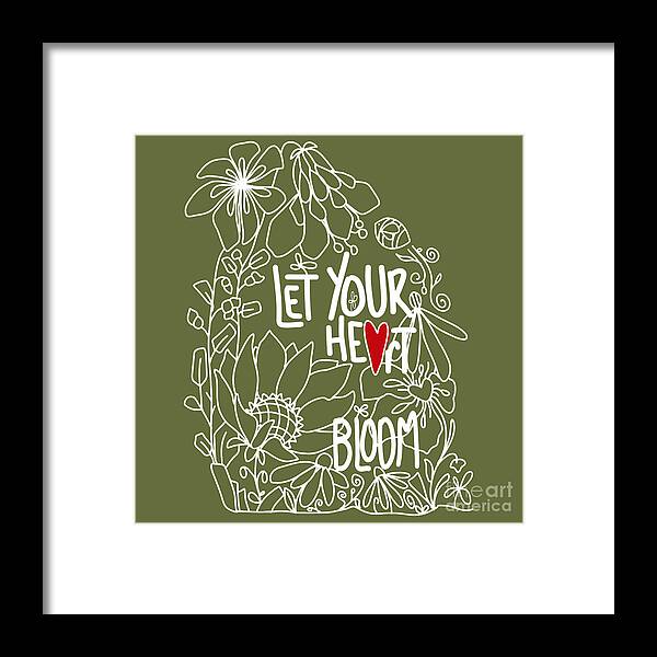 Let Your Heart Bloom Framed Print featuring the digital art Let Your Heart Bloom - Safari Green and White Line Art by Patricia Awapara