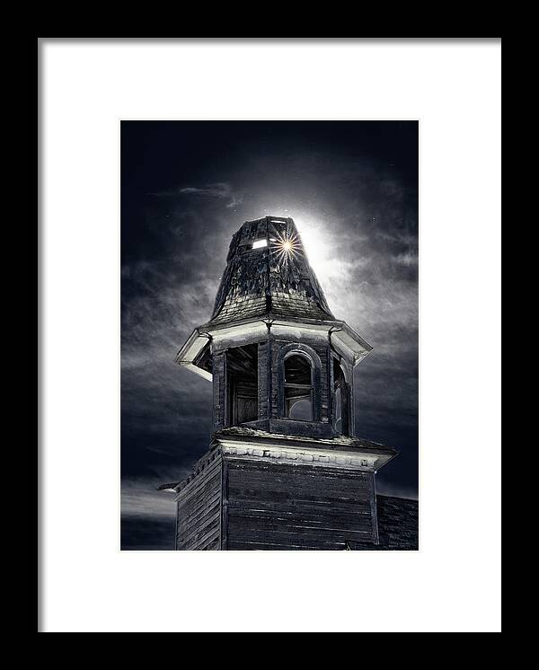 Hurricane Lake Framed Print featuring the photograph Let your Light Shine Through - Sunlight poking through Hurricane Lake church steeple by Peter Herman