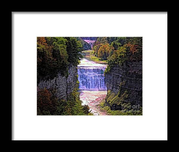 Letchworth State Park Upper And Middle Falls In Autumn Abstract Color Sketch Effect Framed Print featuring the photograph Letchworth State Park Upper and Middle Falls in Autumn Abstract Color Sketch Effect by Rose Santuci-Sofranko