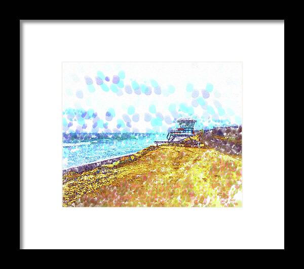 Pointillism Framed Print featuring the digital art Life Guard Station On A Lonely Beach by Kirt Tisdale