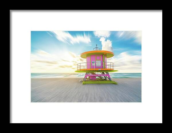 Beach Framed Print featuring the photograph Lifeguard hut on the beach in Miami Florida with motion blur effect by Maria Kray