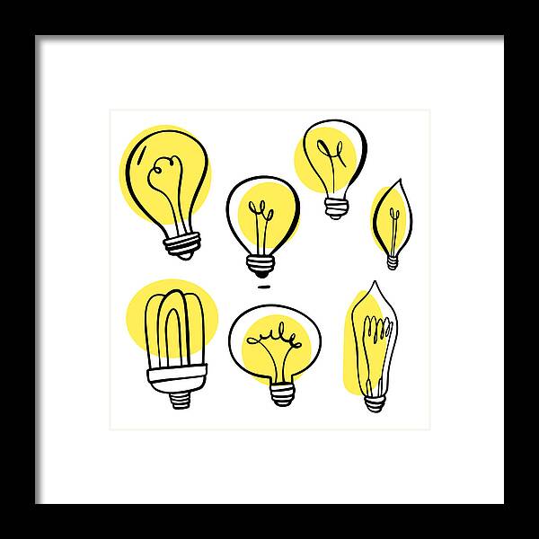 Teamwork Framed Print featuring the drawing Light bulbs hand drawn collection by Calvindexter