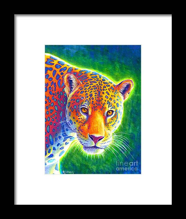 Jaguar Framed Print featuring the painting Light in the Rainforest - Jaguar by Rebecca Wang