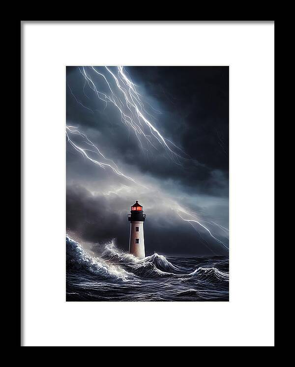 Lighthouse Framed Print featuring the digital art Lighthouse 08 Waves and Thunderstorm by Matthias Hauser
