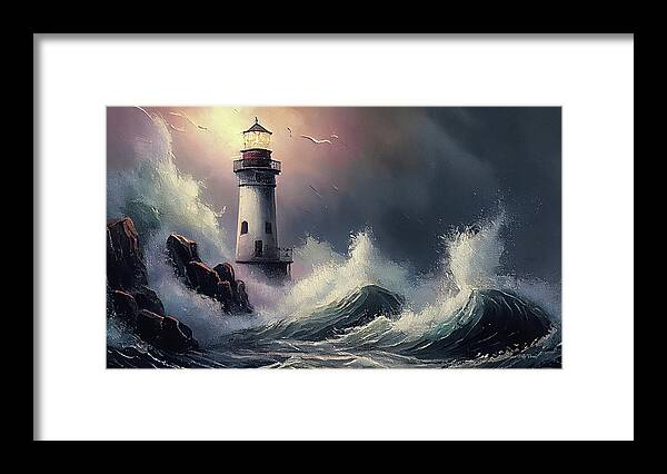 Lighthouses Framed Print featuring the digital art Lighthouse at Night with Crashing Waves by Betty Denise