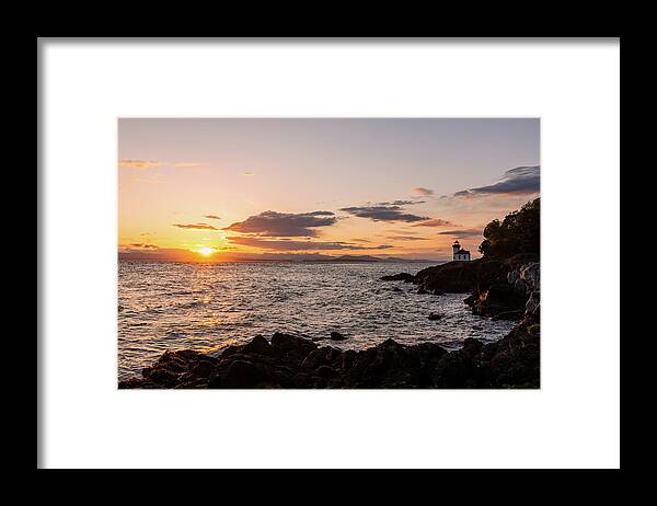 Outdoor; Sunset; San Juan; San Juan Islands; Spring; Lime Kiln State Park; Lighthouse; Silhouette; Colors; Pnw; Washington Beauty Framed Print featuring the digital art Lighthouse at Lime Kiln State Park by Michael Lee