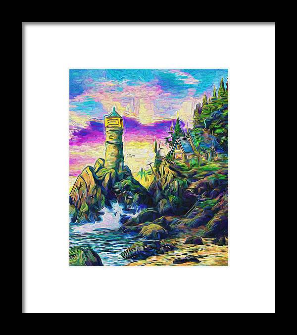 Paint Framed Print featuring the painting Lighthouse on cliff by Nenad Vasic
