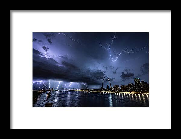Lightning Framed Print featuring the photograph Lightning At The Riverfront by Marcus Hustedde