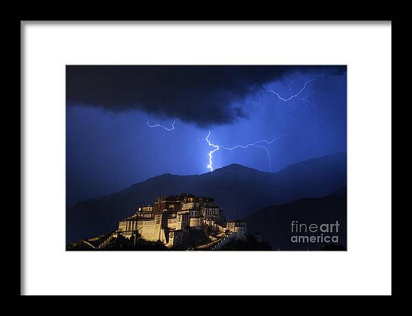 Lightning Framed Print featuring the photograph Lightning over Potala Palace, Lhasa, 2007 by Hitendra SINKAR