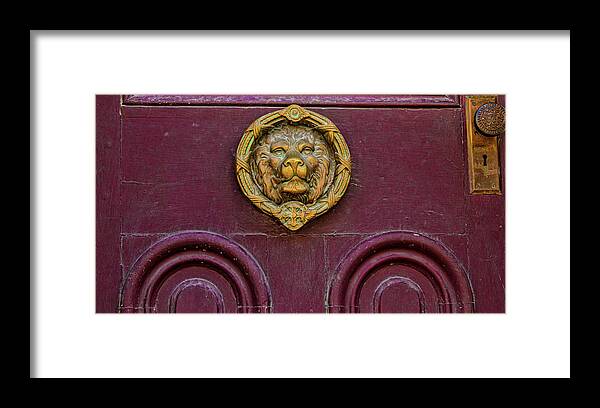 Door Framed Print featuring the photograph Lions Head Door in Jim Thorpe by Kristia Adams