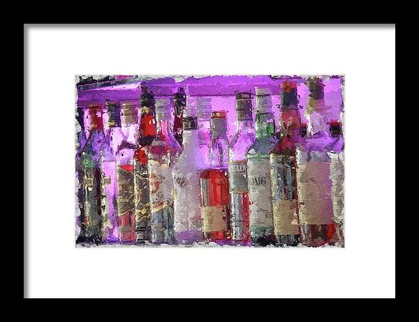 Liquor Framed Print featuring the digital art Liquor bottles on shelf by Amy Curtis