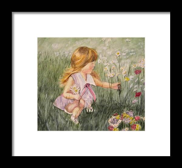 Little Girl Painting Framed Print featuring the mixed media Little Girl Picking Flowers by Kelly Mills
