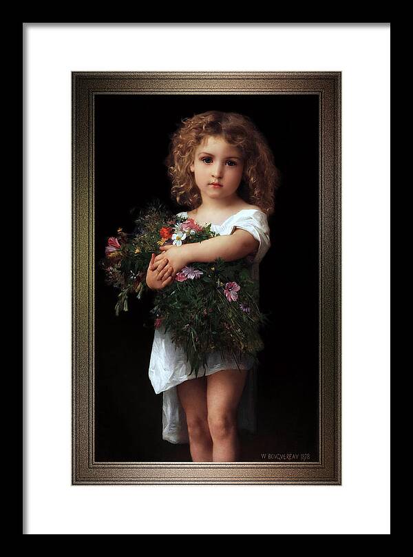 Little Girl With Flowers Framed Print featuring the painting Little Girl With Flowers by William-Adolphe Bouguereau by Rolando Burbon