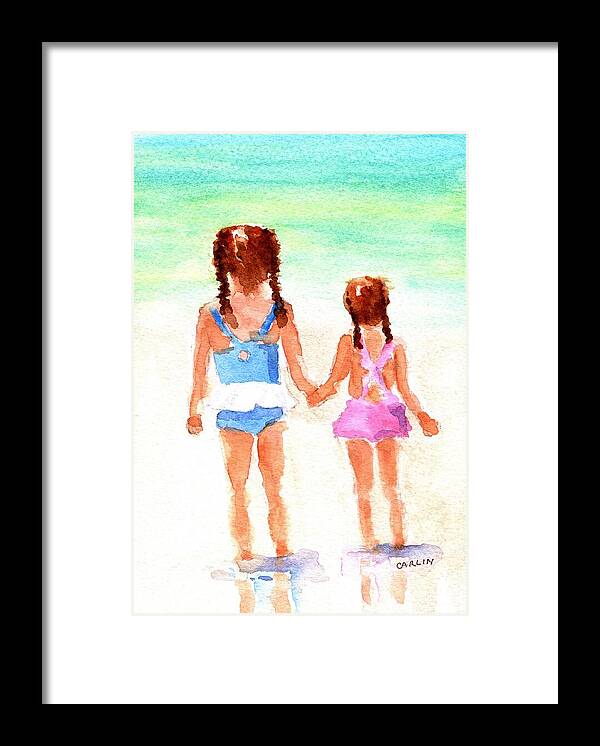 Little Sisters Framed Print featuring the painting Little Girls at the Beach by Carlin Blahnik CarlinArtWatercolor