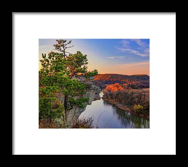 Little Hawksbill Crag Framed Print featuring the photograph Little Hawkbill Crag and Calico Rock Over The White River by Gregory Ballos