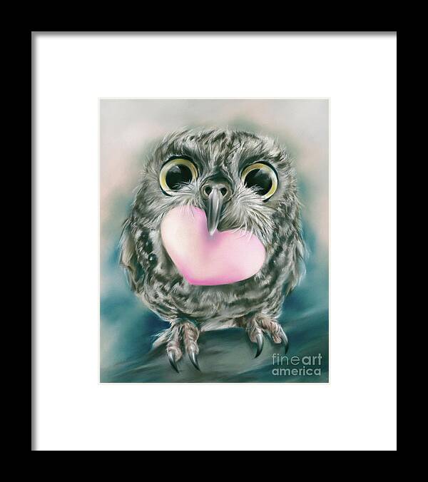 Bird Framed Print featuring the painting Little Owl with Big Eyes and Valentine Heart by MM Anderson