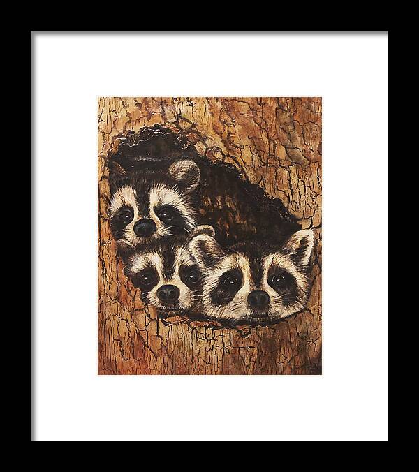 Racoons Framed Print featuring the painting Little Rascals by Barbara Landry