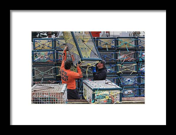 Lobster Pots Traps Loading Lobster Season Boats Sea Ocean Nova Scotia East Ferry Sadies Sunrise Rope Fishing Fishermen Framed Print featuring the photograph Loading time by David Matthews