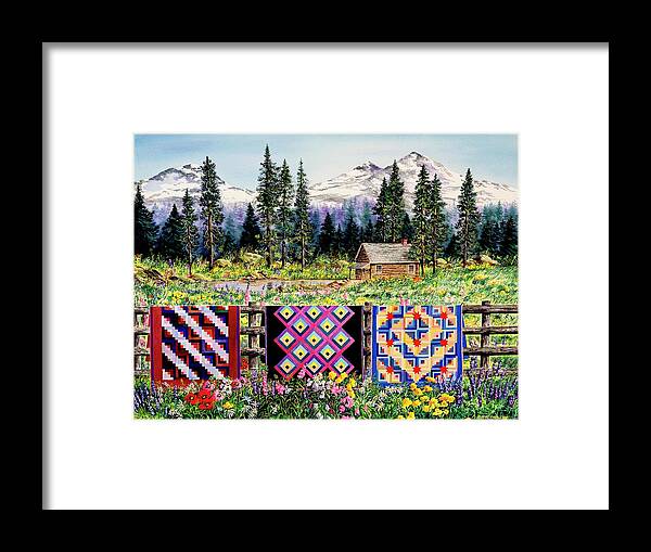 Mountains Framed Print featuring the painting Log Cabin Quilts by Diane Phalen