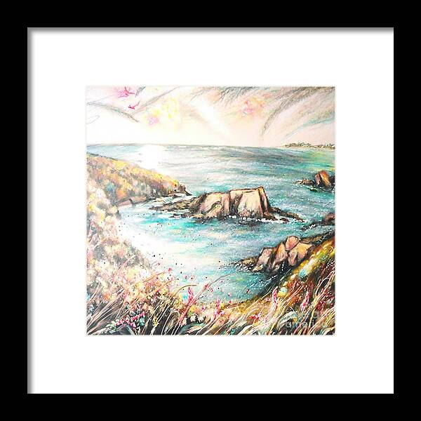 Plants Framed Print featuring the painting Logan Rock Painting plants rock sea water cornwall cliff coastline horizon by N Akkash