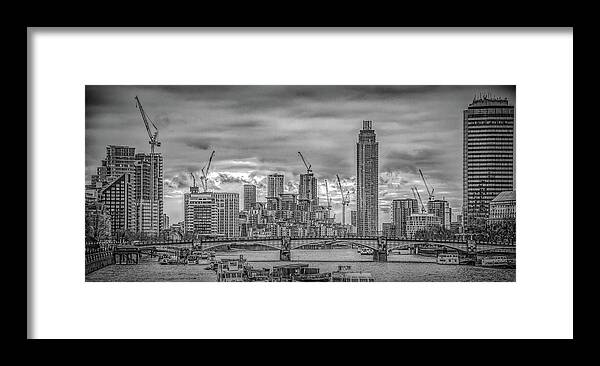 London Framed Print featuring the photograph London Skyline Along the River Thames, Black and White by Marcy Wielfaert