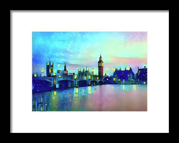 London Framed Print featuring the mixed media London Skyline At Night by Deborah League