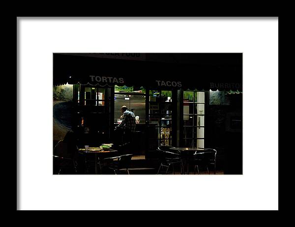 Venice Framed Print featuring the photograph Lone Man in a Taco Stand Late at Nigh by Mark Stout