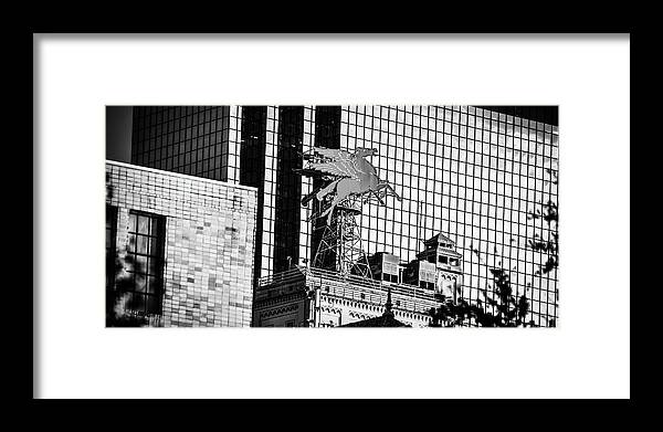 Dallas Texas Framed Print featuring the photograph Lone Star Flying Pegasus Monochrome Panorama - Dallas Texas by Gregory Ballos