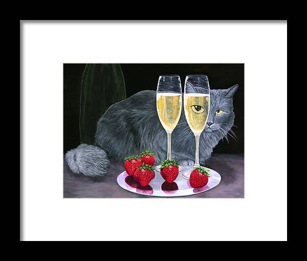 Karen Zuk Rosenblatt Framed Print featuring the painting Long Haired Gray Cat with Champagne and Strawberries by Karen Zuk Rosenblatt