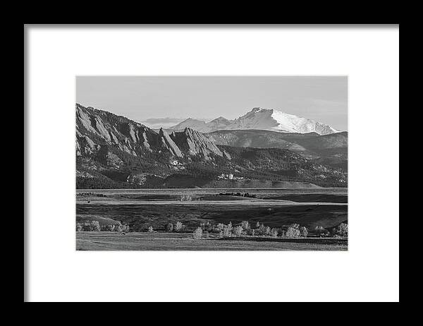 Longs Peak Framed Print featuring the photograph Longs Peak and the Flatirons Black and White by Aaron Spong