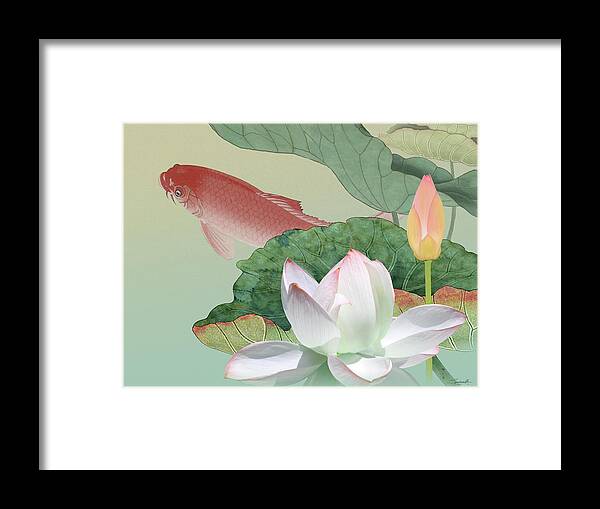 Flower Framed Print featuring the digital art Lotus Flower and Koi by M Spadecaller