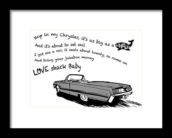 Petrolhead Framed Print featuring the digital art Love Shack Whale Classic Chrysler car, catchy song, funky design - Battleship Grey Edition by Moospeed Art