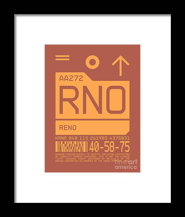 Airline Framed Print featuring the digital art Luggage Tag C - RNO Reno Nevada USA by Organic Synthesis