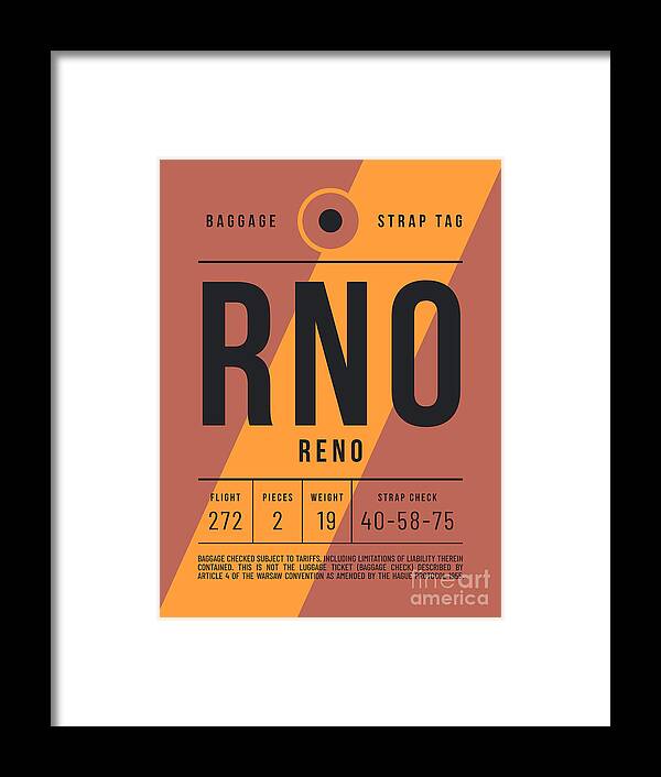 Airline Framed Print featuring the digital art Luggage Tag E - RNO Reno Nevada USA by Organic Synthesis