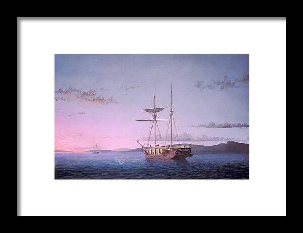 Penobscot Bay Framed Print featuring the painting Lumber Schooners at Evening on Penobscot Bay 1863 by Fitz Henry Lane by Fitz henry Lane