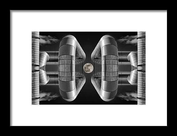 Lunar Framed Print featuring the photograph Lunaroyal - mirrored Uniroyal Building Industrial ductting with full moon - wide version by Peter Herman
