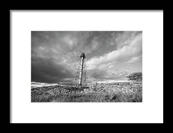 Marblehead Light Tower Framed Print featuring the photograph Mablehead Light Tower Marblehead Neck Black and White by Toby McGuire